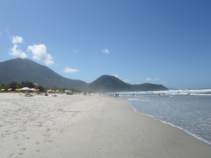 white sandy beach surrounded by mountain